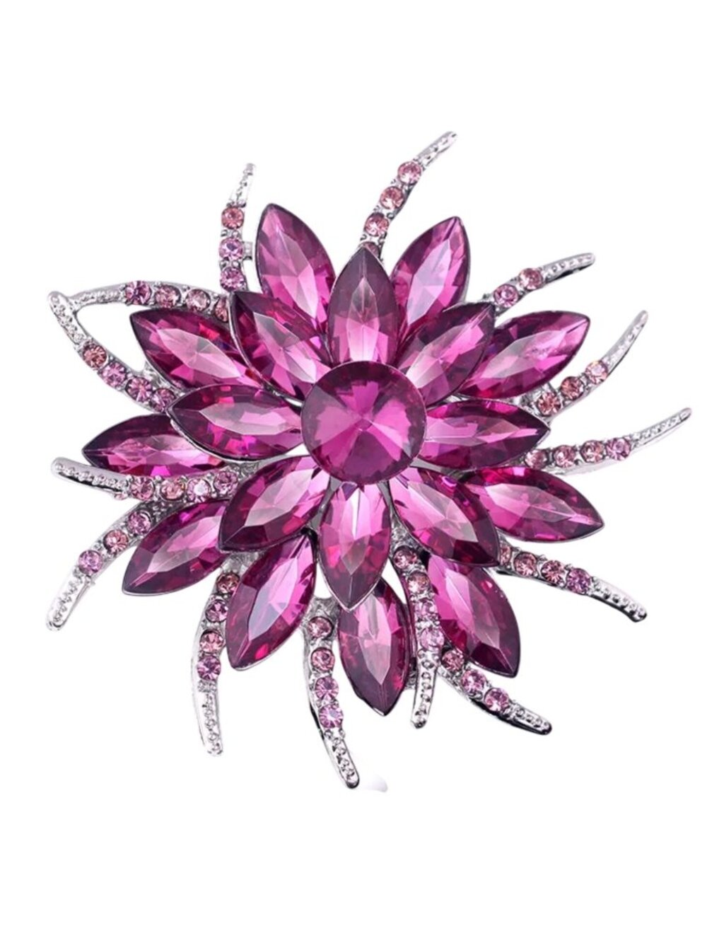 Flower Brooch Pink Glass Rivoli Rhinestone Silver Tone